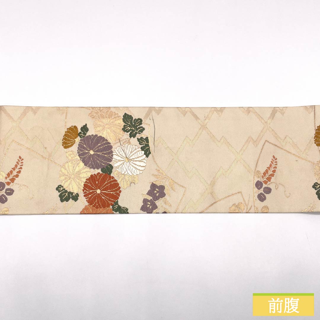 Nagoya Obi, Off-White (Kinari-iro), Fan Pattern, Chrysanthemum, and Camellia Design, 351cm Long, Pure Silk, Grade B, Six-Ply, Semi-Formal, Cream-Tone, Item Number: 1124008924315, Nagoya Style