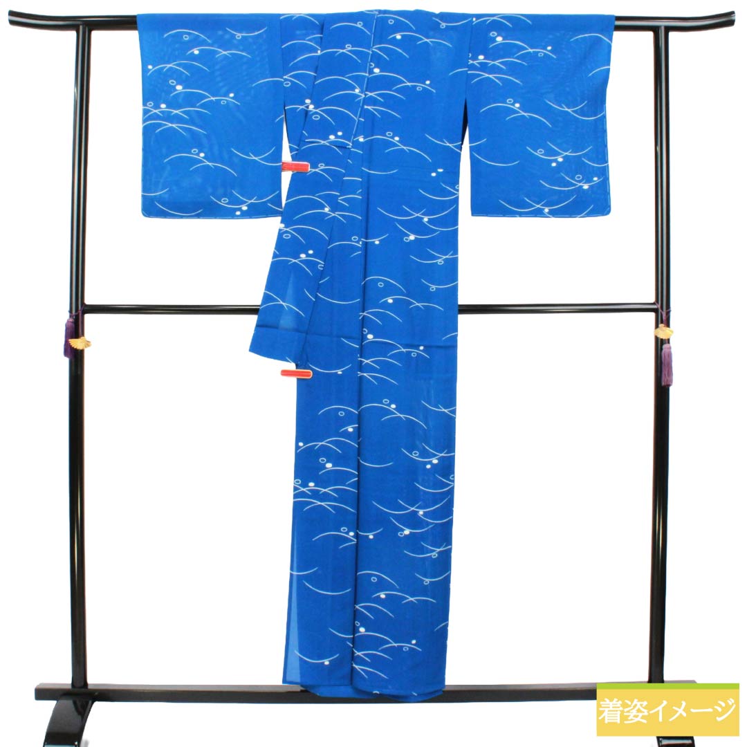 夏物 正絹 小紋 Sランク 身丈153cm 裄丈61cm 碧瑠璃色(へきるりいろ) 露芝 しつけ糸付き 絽 青系 1132003672217