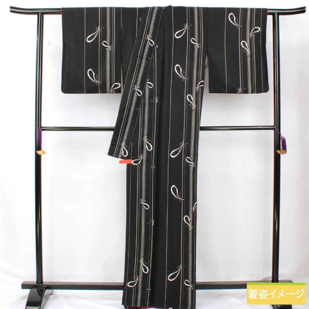 Komon (small pattern) kimono, polyester, length 166cm, sleeve length 66cm, lined, abstract pattern, washable, S rank, black, 1115005942510