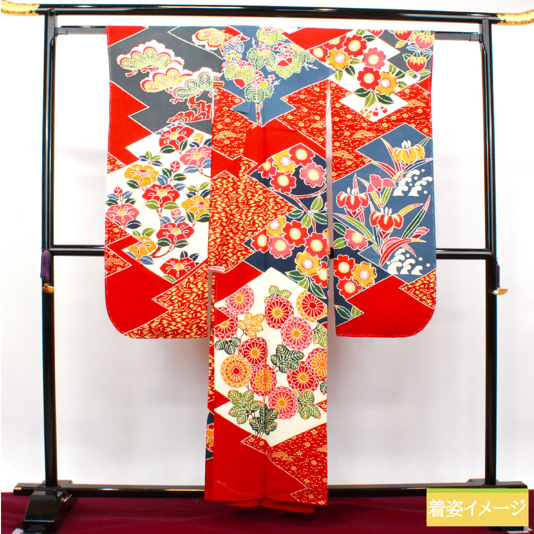振袖 正絹 身丈157.5cm 裄丈66.5cm 袷 猩々緋色 栗山吉三郎 京紅型 吉祥文様 しつけ糸付き 未使用品 Sランク 赤系 1113001842312