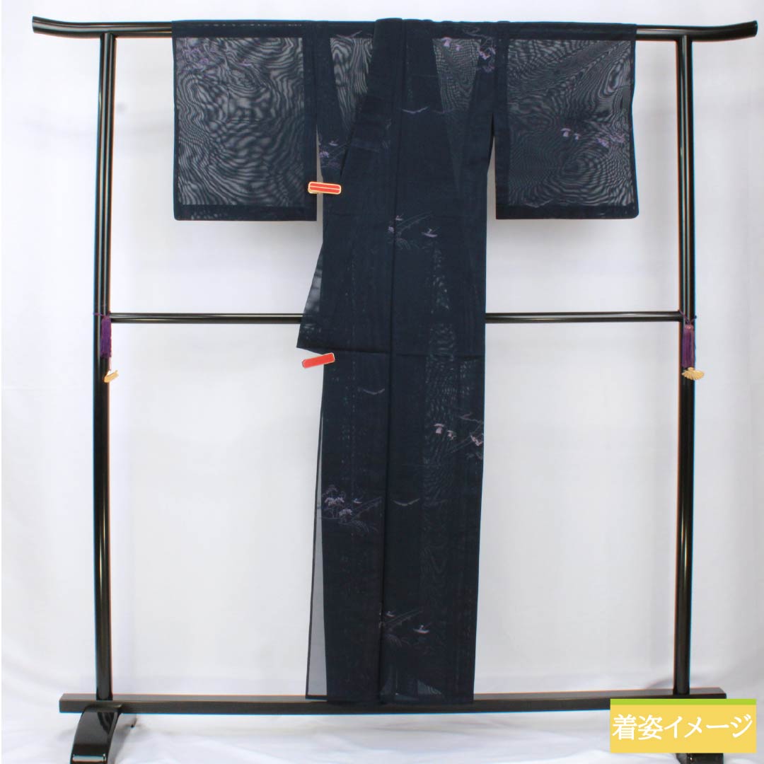 夏物 ポリエステル 小紋 身丈153.5cm 裄丈61.5cm 風景模様 洗える着物 紗 Aランク 紺系 1132002363218