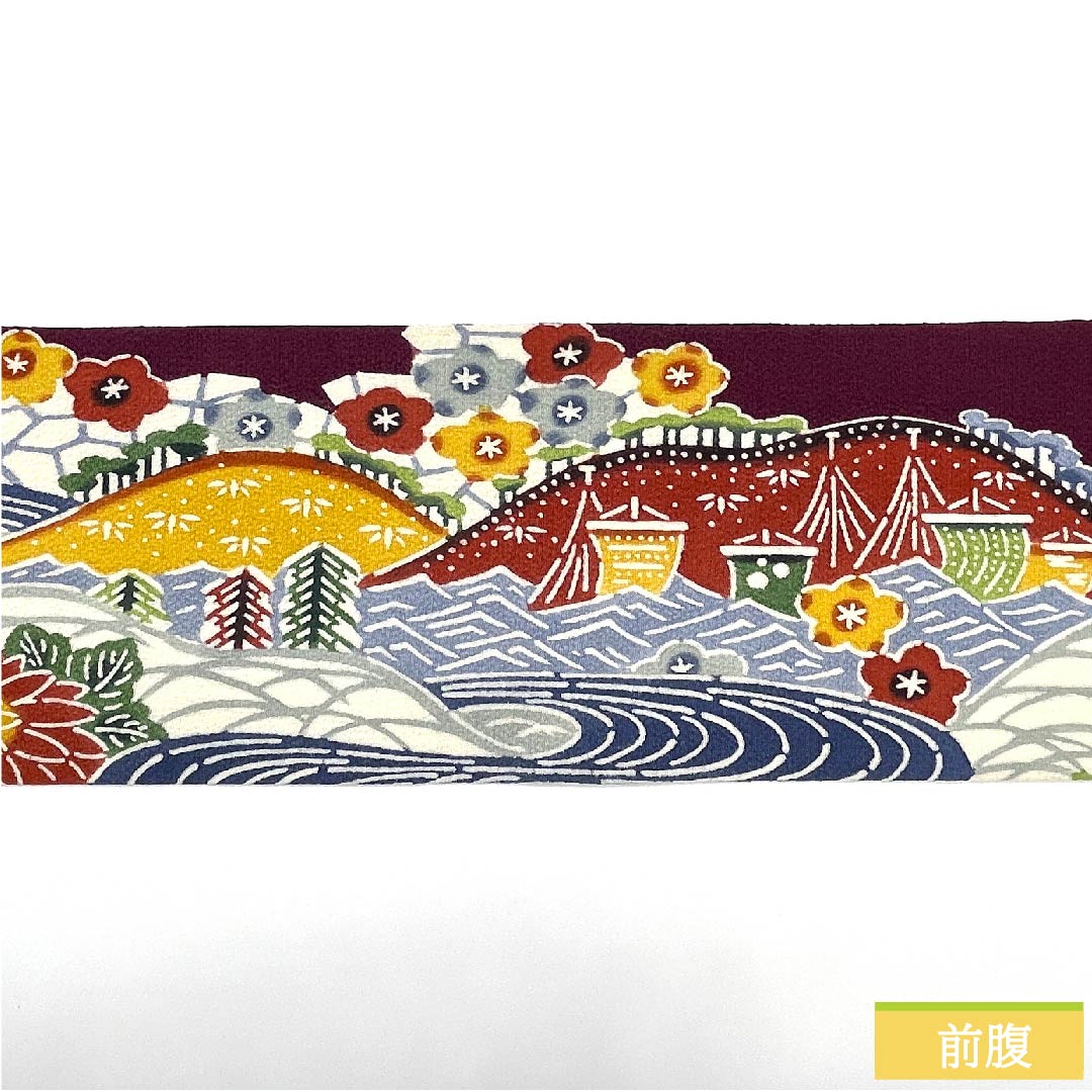 名古屋帯 蒲萄色 京紅型 古典柄 花 流水 紅葉模様 帯丈345cm 正絹 Sランク ポイント柄 カジュアル 紫系 1124005302320 名古屋仕立て
