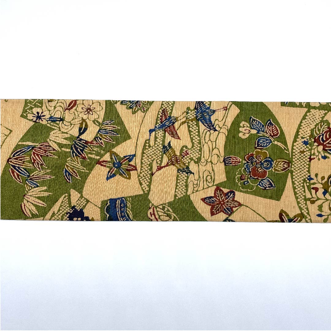 名古屋帯 薄柿色 古典柄 扇面に松竹梅 鳥 蝶 帯丈382cm 正絹 Aランク 全通 カジュアル ベージュ系 1124004613325 名古屋仕立て