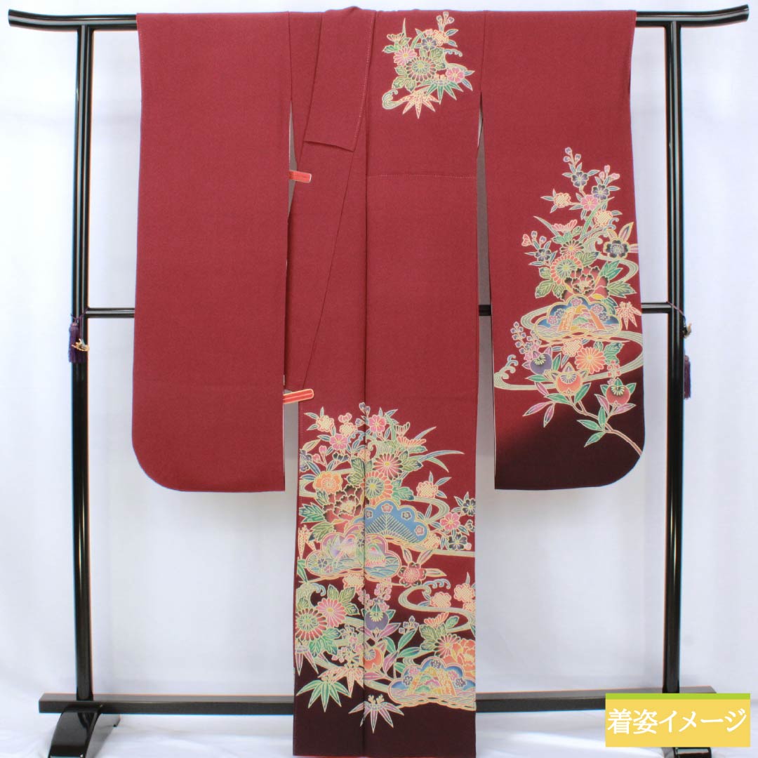 振袖 正絹 Sランク 身丈164cm 裄丈67cm 袷 臙脂色(えんじいろ) 京紅型 吉祥文様 ちりめん地 パールトーン加工 赤系 1113002492412