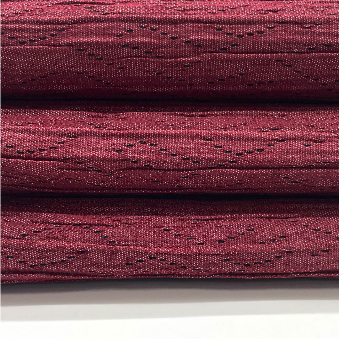 半幅帯 ポリエステル 胭脂紅色(えんじこういろ) ギザギザ模様 幾何学模様 帯丈362cm 紫系 Sランク 1125001222320