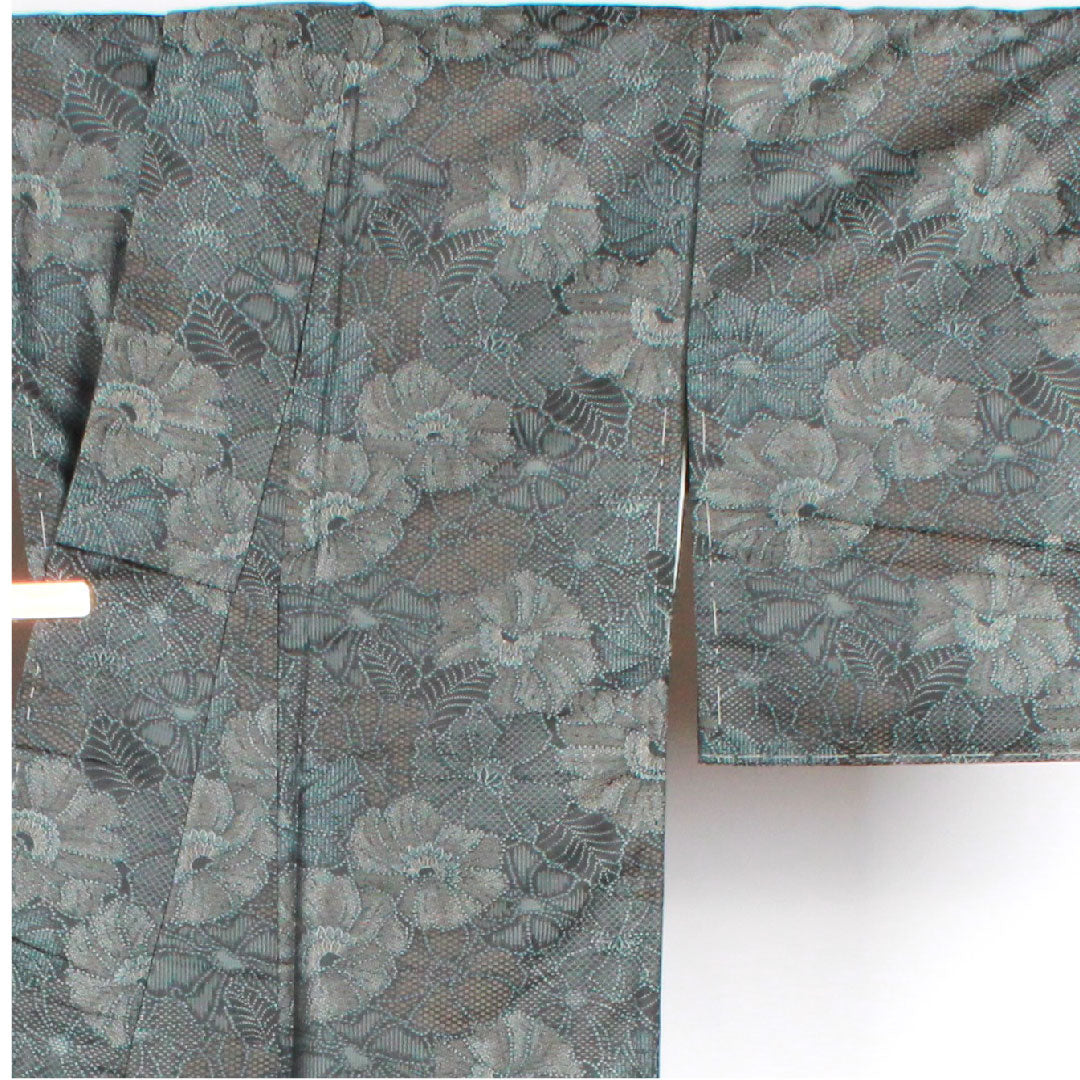 紬 正絹 身丈157.5cm 裄丈63cm お召 花模様 Aランク 袷 黒系 1116001703310