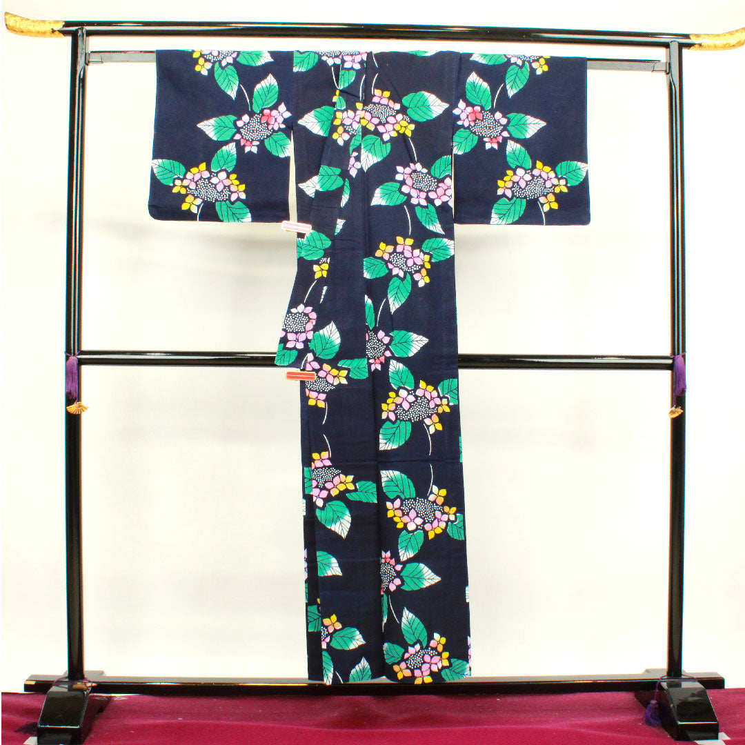 浴衣 濃紺色 紫陽花 木綿 Sランク 単衣 身丈150.5cm 裄丈64cm 紺系 1118003062118