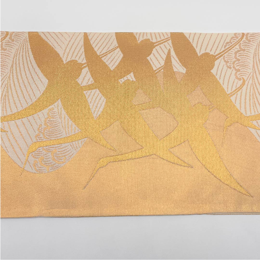 袋帯 金色 琳派鶴 流水 引箔 帯丈442cm 正絹 Aランク 全通 フォーマル 金系 1123005333321