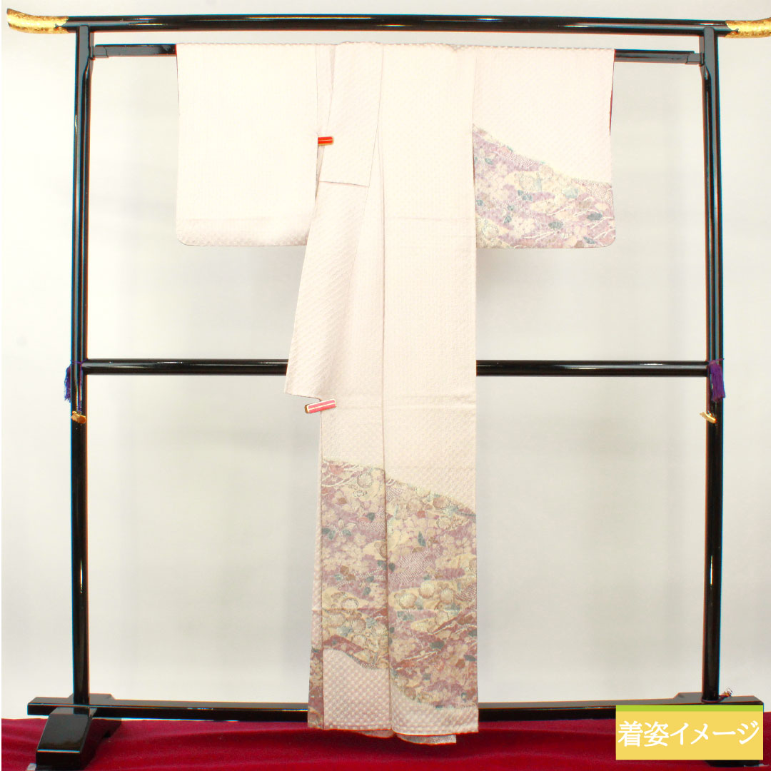 訪問着 正絹 袷 身丈159.5cm 裄丈63cm 桜色 絞り 辻ヶ花 Aランク 紫系 1112004113320