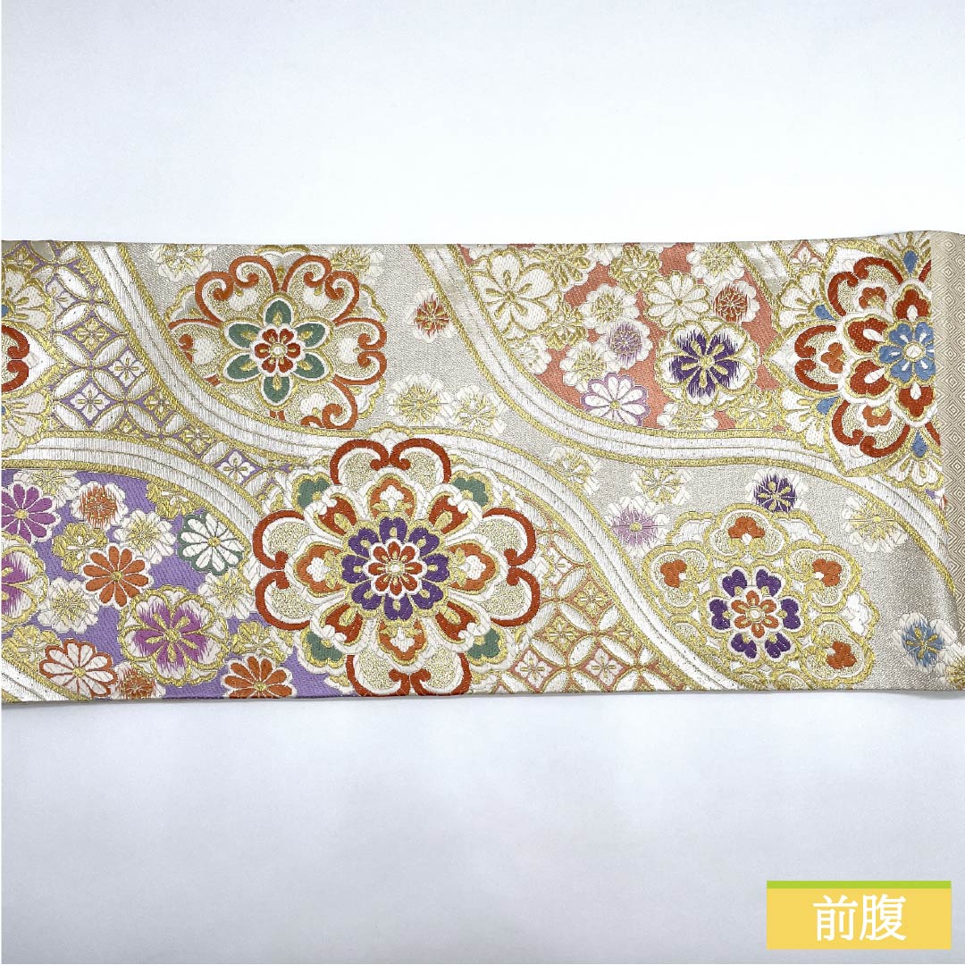 袋帯 正絹 生成り色(きなりいろ) 華文 七宝 桜 菊 帯丈444cm Aランク 六通 フォーマル 銀系 1123012103322