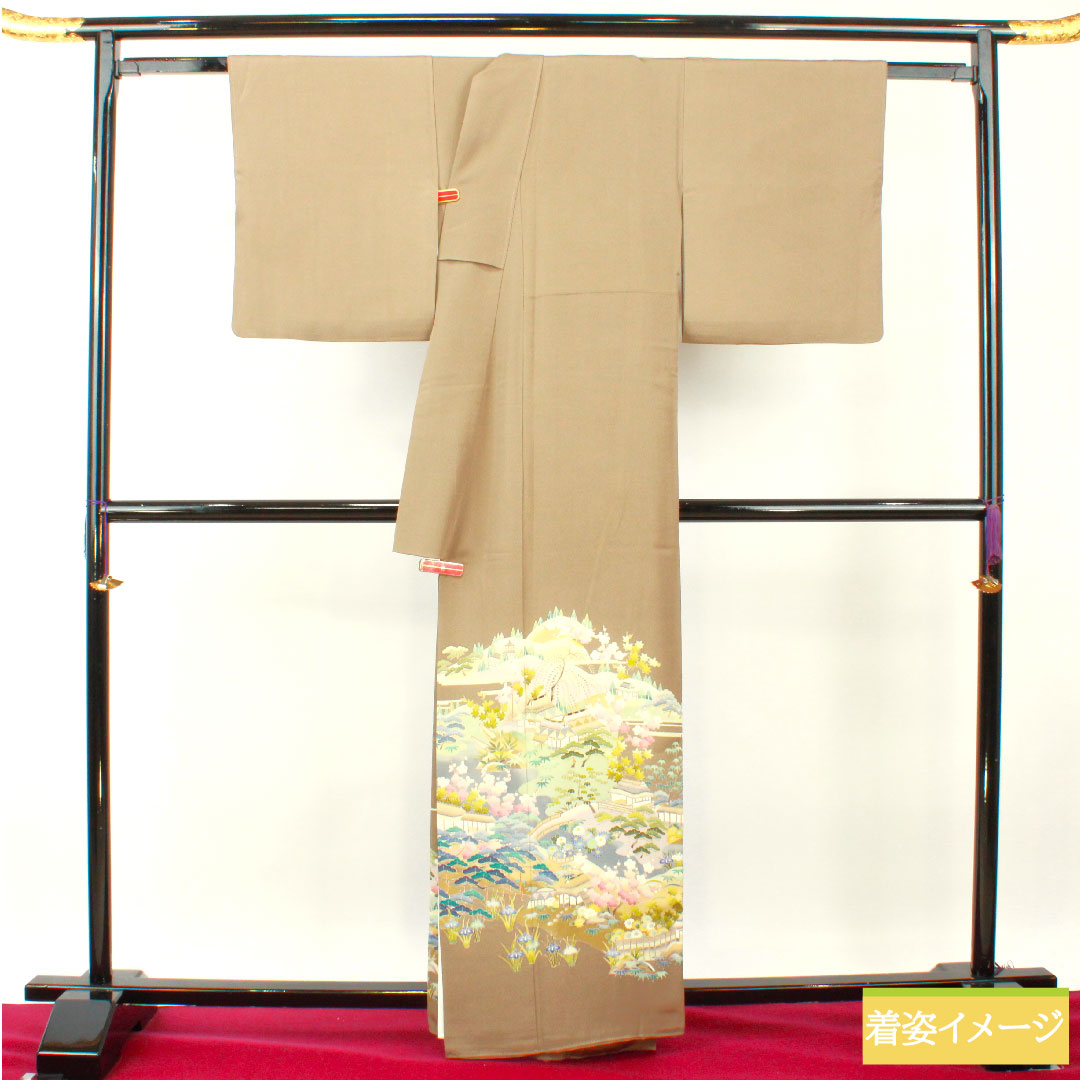彩色留袖、纯丝、长度161厘米、袖长66厘米、衬里、壁灰色、京加贺友禅、暗襟、山水纹、三个徽章、常春藤、A级、棕色、1111001403414
