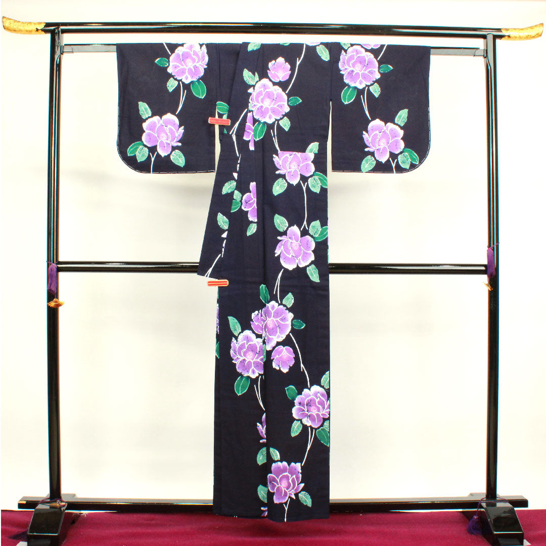 浴衣 濃紺色 山茶花 木綿 Aランク 単衣 身丈157.5cm 裄丈65.5cm 紺系 1118001953318