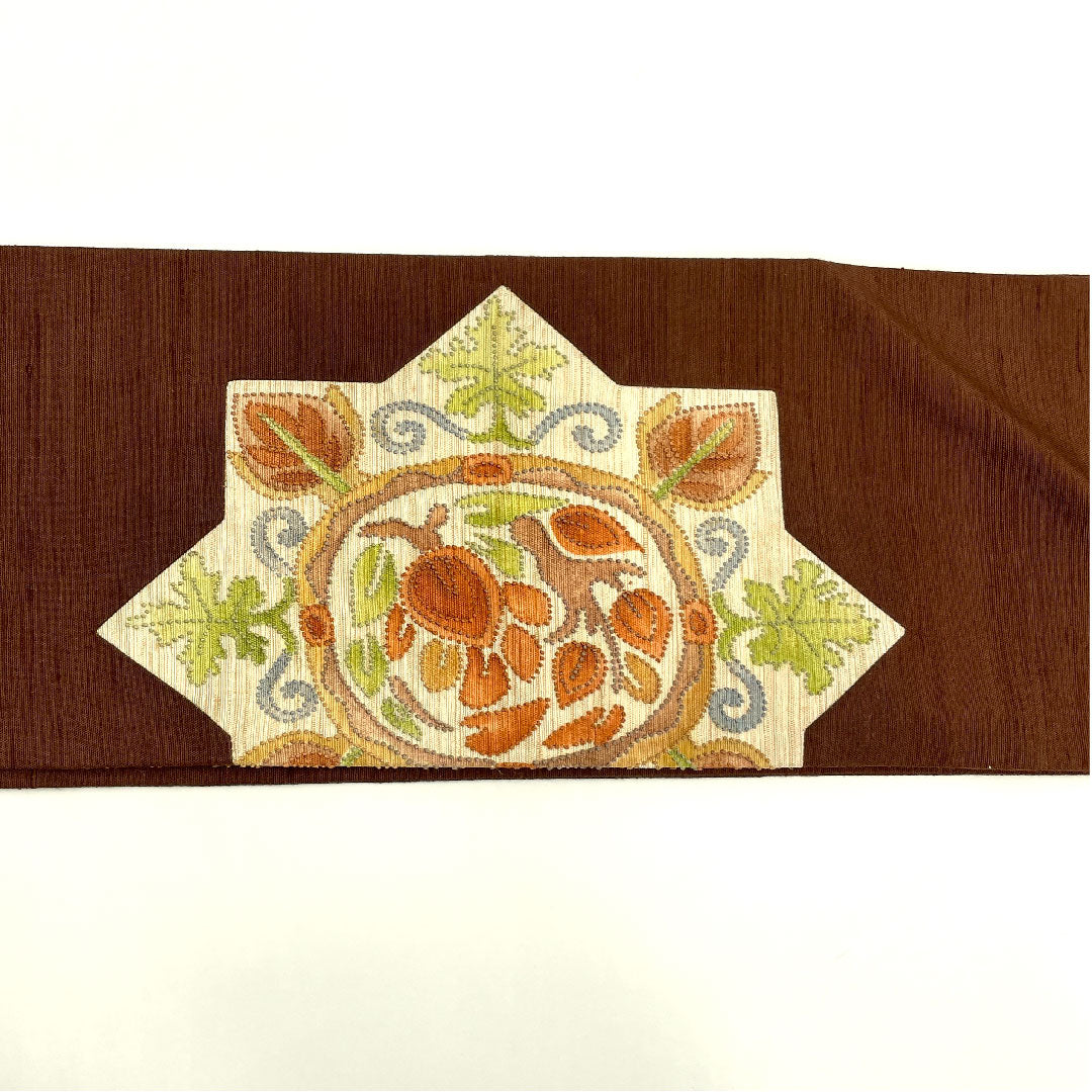 名古屋帯 相良刺繍 抽象華模様 帯丈357cm 正絹 Sランク ポイント柄 カジュアル 茶系 1124001412314 名古屋仕立て