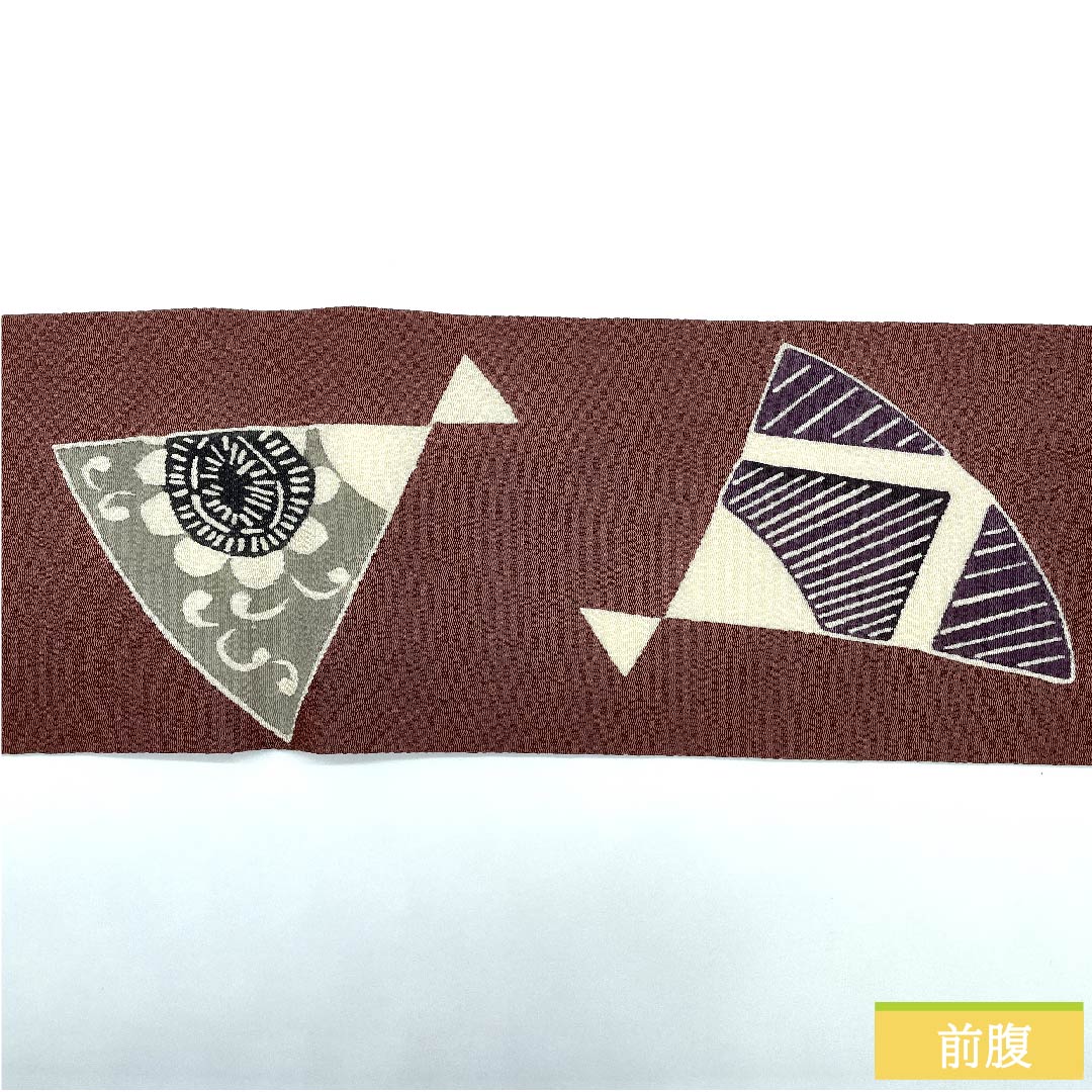 名古屋帯 錆色 扇面 鱗 花 染帯 ちりめん地 帯丈361.5cm 正絹 Sランク ポイント柄 カジュアル 茶系 1124005852314 名古屋仕立て