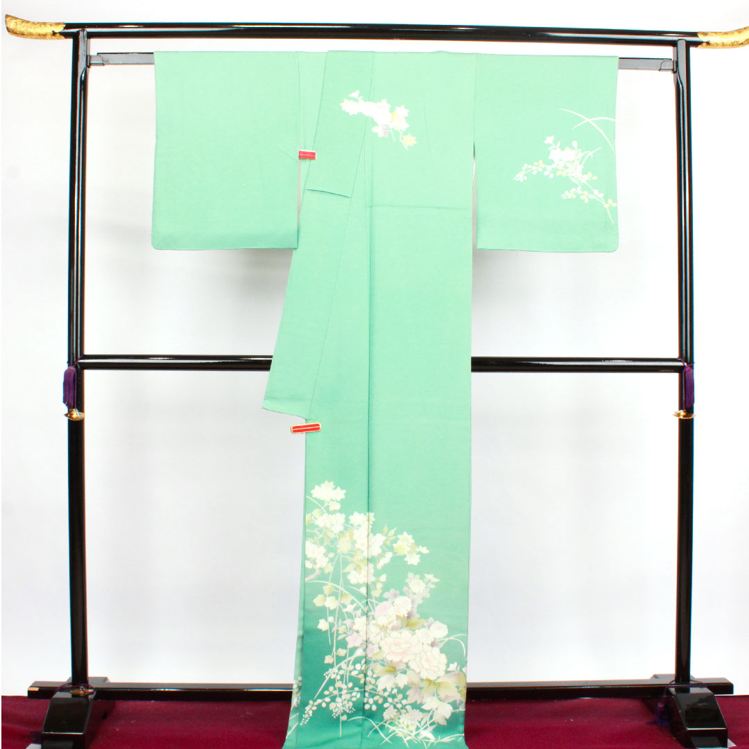 訪問着 袷 身丈173cm 裄丈68cm 秘色色 京友禅 草花模様 正絹 Sランク 緑系 1112002722619