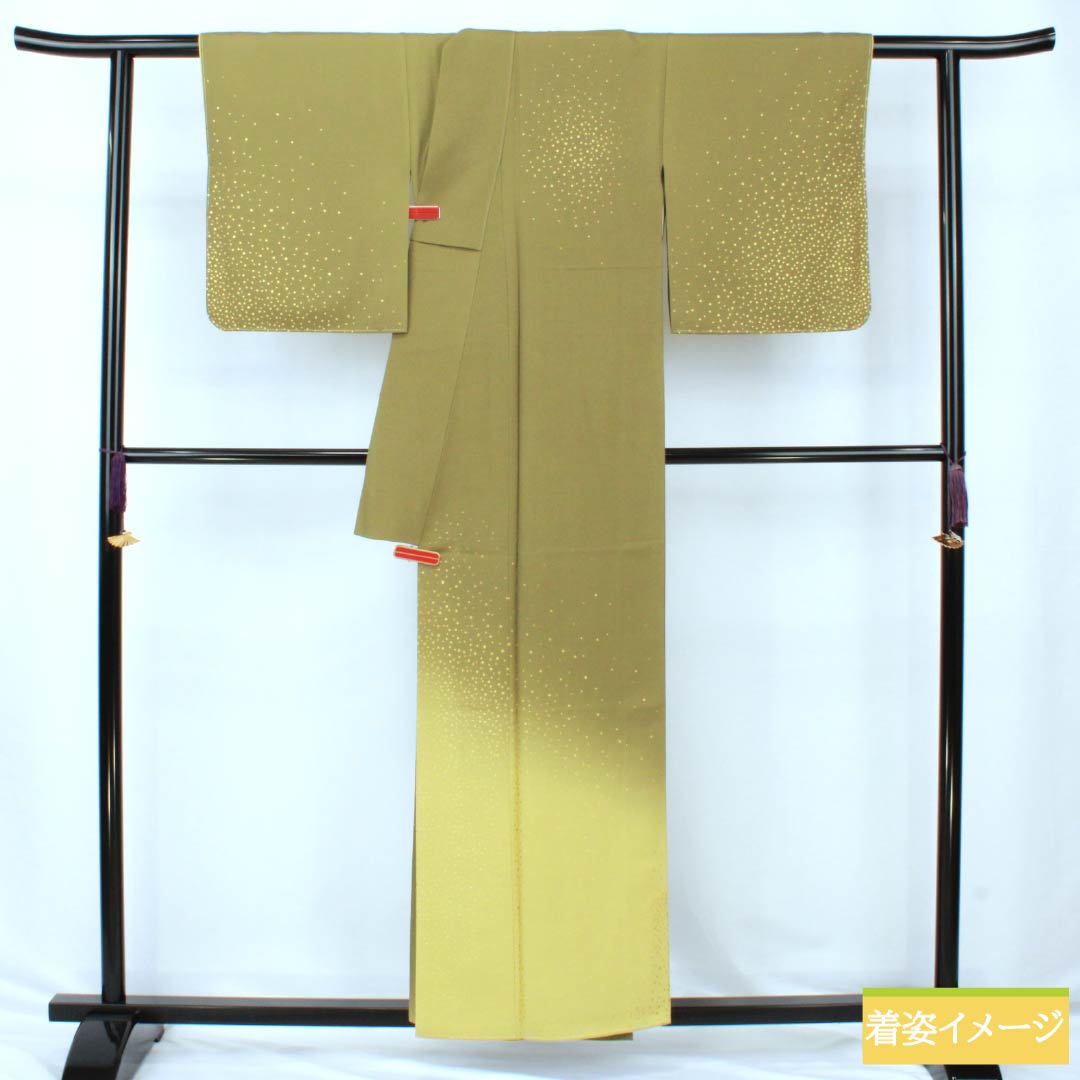 訪問着 正絹 Sランク 袷 身丈155cm 裄丈64cm 鶸茶色(ひわちゃいろ) 福田喜重 人間国宝 箔飛ばし 付下げ パールトーン加工 緑系 1112006462319