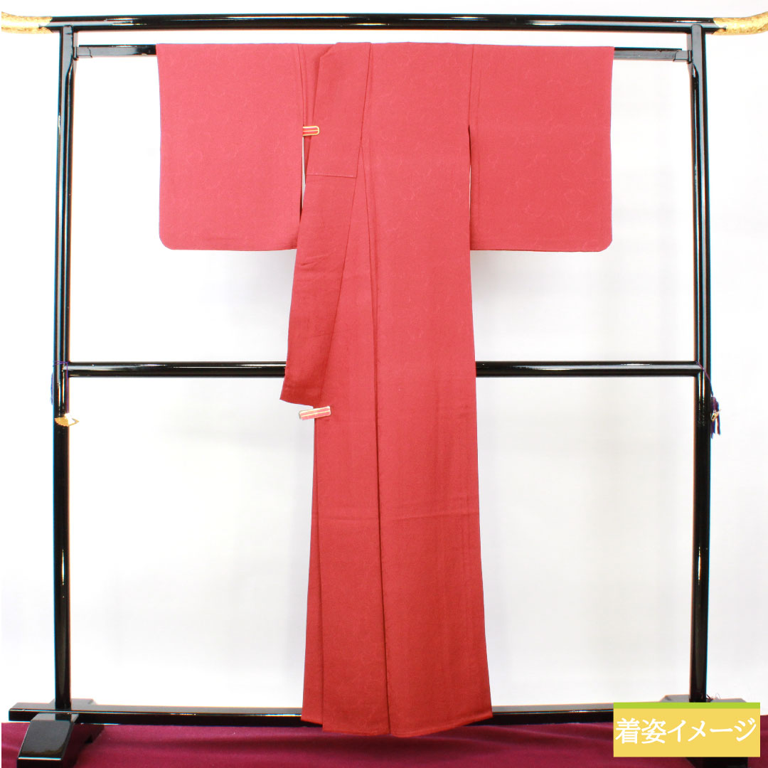 色無地 正絹 身丈158cm 裄丈65.5cm 真紅色(しんくいろ) 葉っぱ模様 蔦 単衣 Aランク 赤系 1114001503312