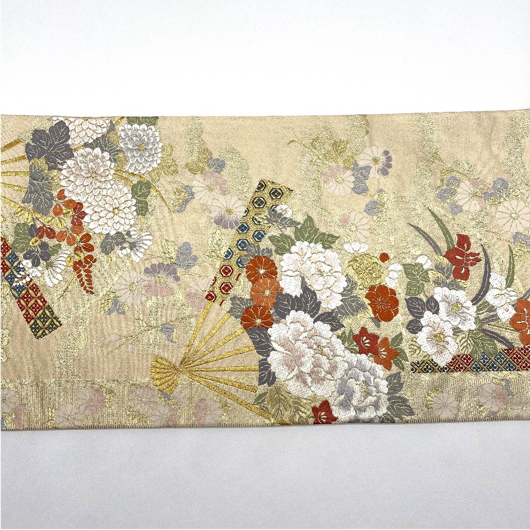 袋帯 生成り色(きなりいろ) 扇面 吉祥文様 七宝 帯丈424cm 正絹 Aランク 六通 フォーマル クリーム系 1123007573315