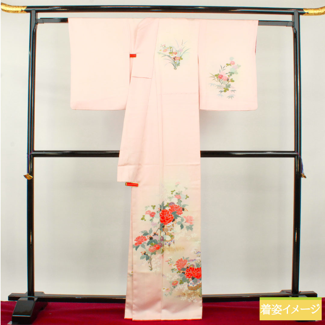 訪問着 正絹 袷 身丈166cm 裄丈63.5cm 曙色 京友禅 草花模様 Aランク ピンク系 1112003713513