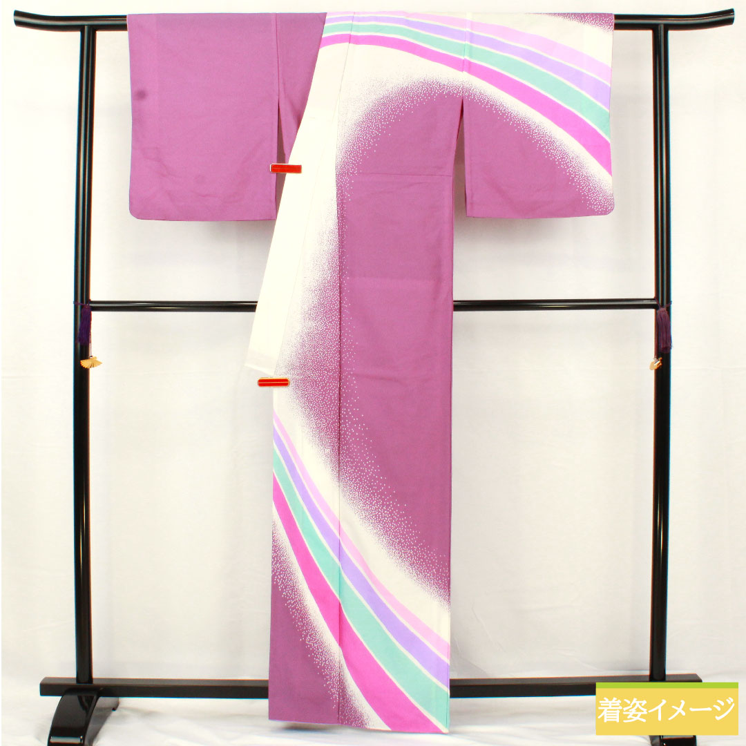 Homongi (formal kimono) made of polyester, single layer, length 161.5cm, sleeve length 66.5cm, aoi-iro (blue color), washable kimono, A rank, purple, 1112005383420