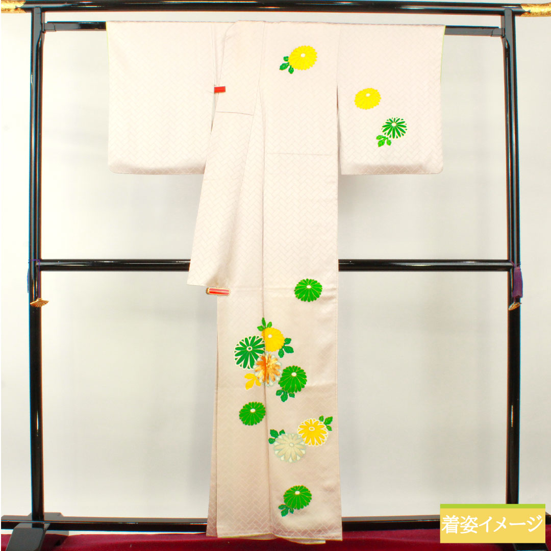 訪問着 正絹 袷 身丈160cm 裄丈64.5cm 薄桜色(うすざくらいろ) 京友禅 菊 Sランク ピンク系 1112004332413