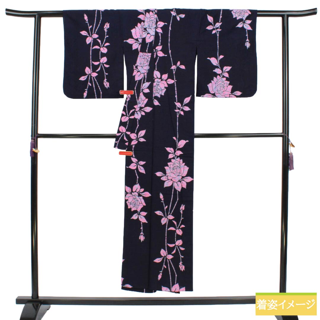 浴衣 木綿 Aランク 身丈149cm 裄丈63.5cm 濃紺色(のうこんいろ) 薔薇 居敷当て付き 単衣 紺系 1118007693118