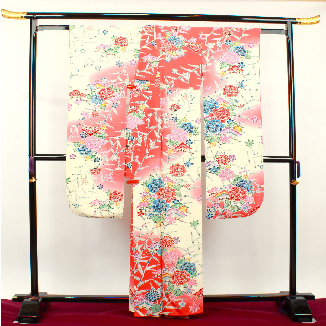 振袖 身丈162cm 裄丈65cm 袷 京紅型 松竹梅 笹 紅葉 正絹 Sランク グラデーション系 1113001612499