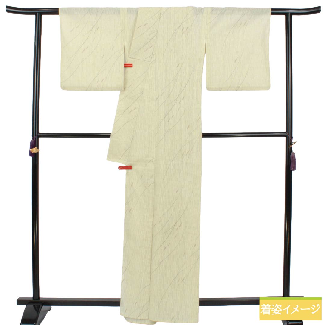 夏物 ポリエステル 紬 Aランク 身丈163.5cm 裄丈67cm 利休白茶色(りきゅうしらちゃいろ) 縮 洗える着物 抽象模様 紗 黄系 1132005593423