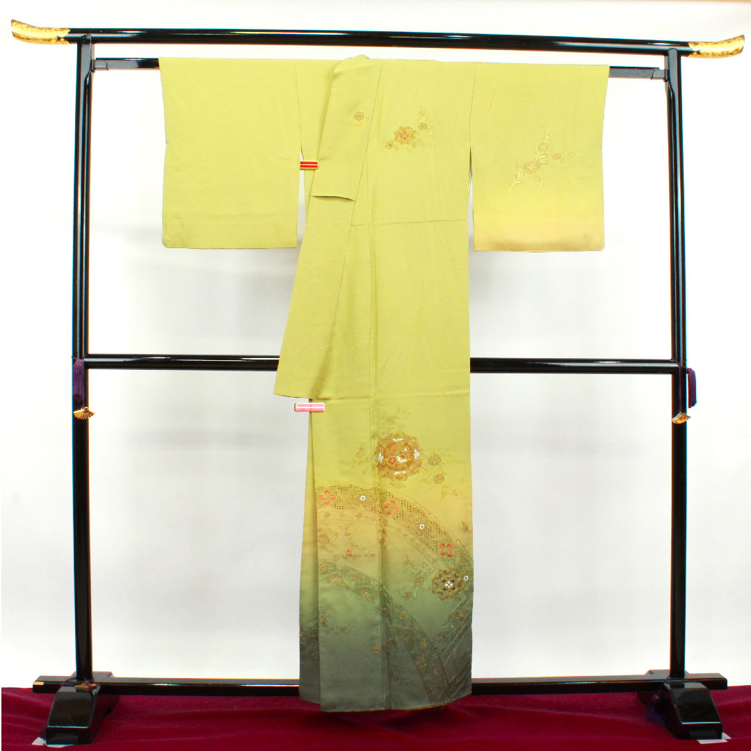 訪問着 正絹 袷 身丈156.5cm 裄丈65cm 浅青朽葉色 蘇州刺繡 汕頭刺繡 草花模様 作家物 五三桐 Sランク 緑系 1112003122319