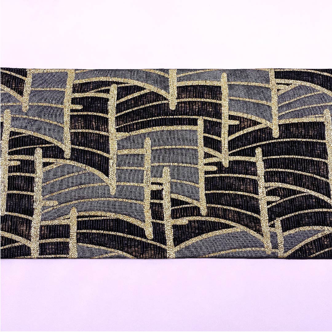 袋帯 緋l紺色(ひこんいろ) 太箔 幾何学模様 帯丈433cm 正絹 Sランク 六通 セミフォーマル 黒系 1123008632310