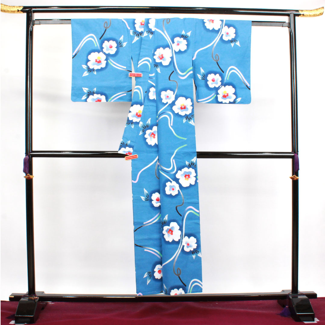 浴衣 空色 草花模様 木綿 Sランク 単衣 身丈152cm 裄丈63cm 青系 1118003342217