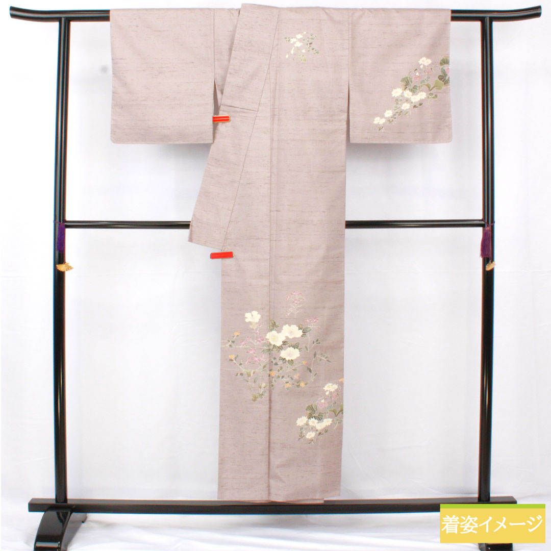 Homongi (formal kimono) made of pure silk, lined, length 151.5cm, sleeve length 61cm, dull purple, pongee fabric, cow-neck pongee, floral pattern, S rank, purple, 1112005332220
