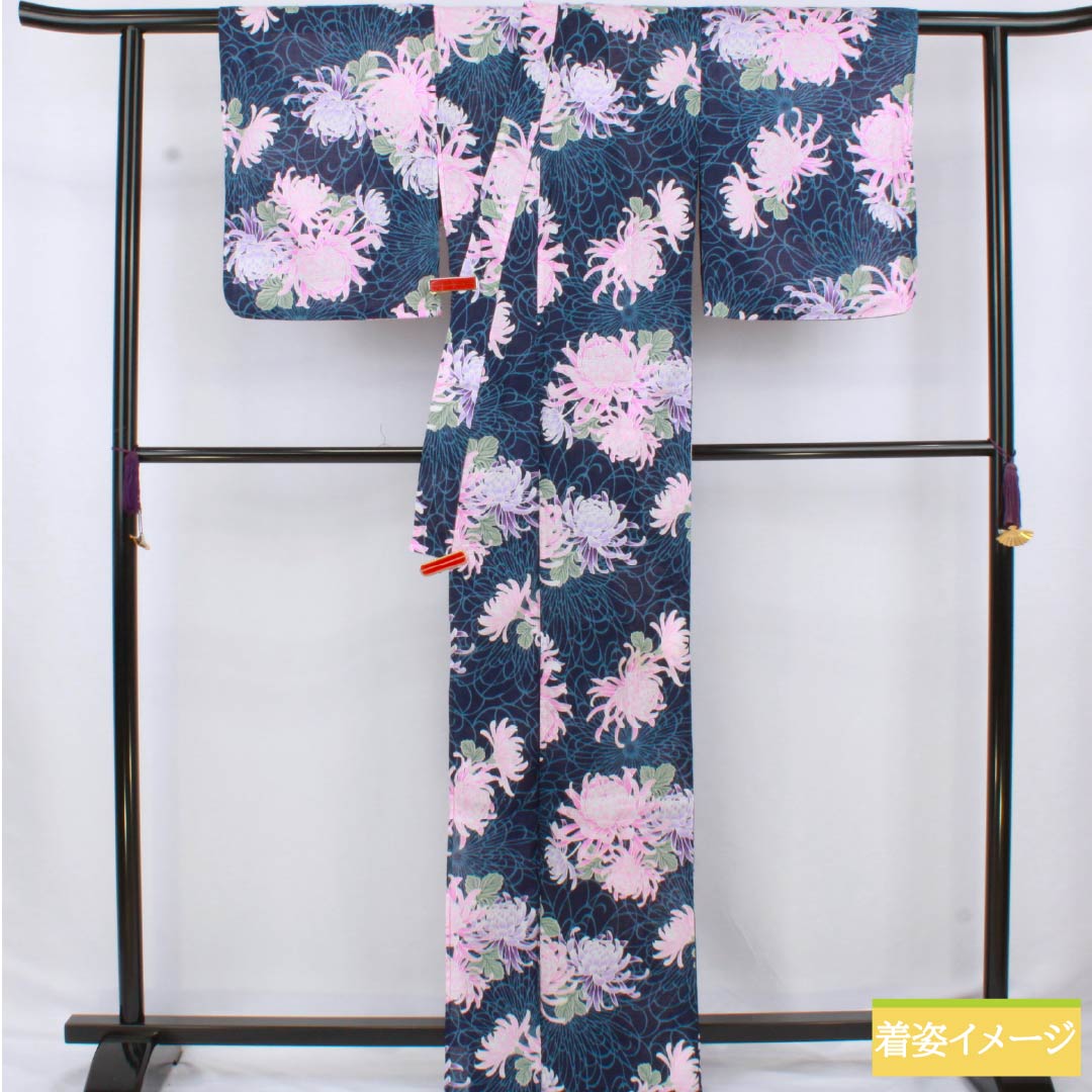 浴衣 木綿 身丈164.5cm 裄丈63cm Aランク 単衣 紺系 紺色(こんいろ) 菊 1118006673418