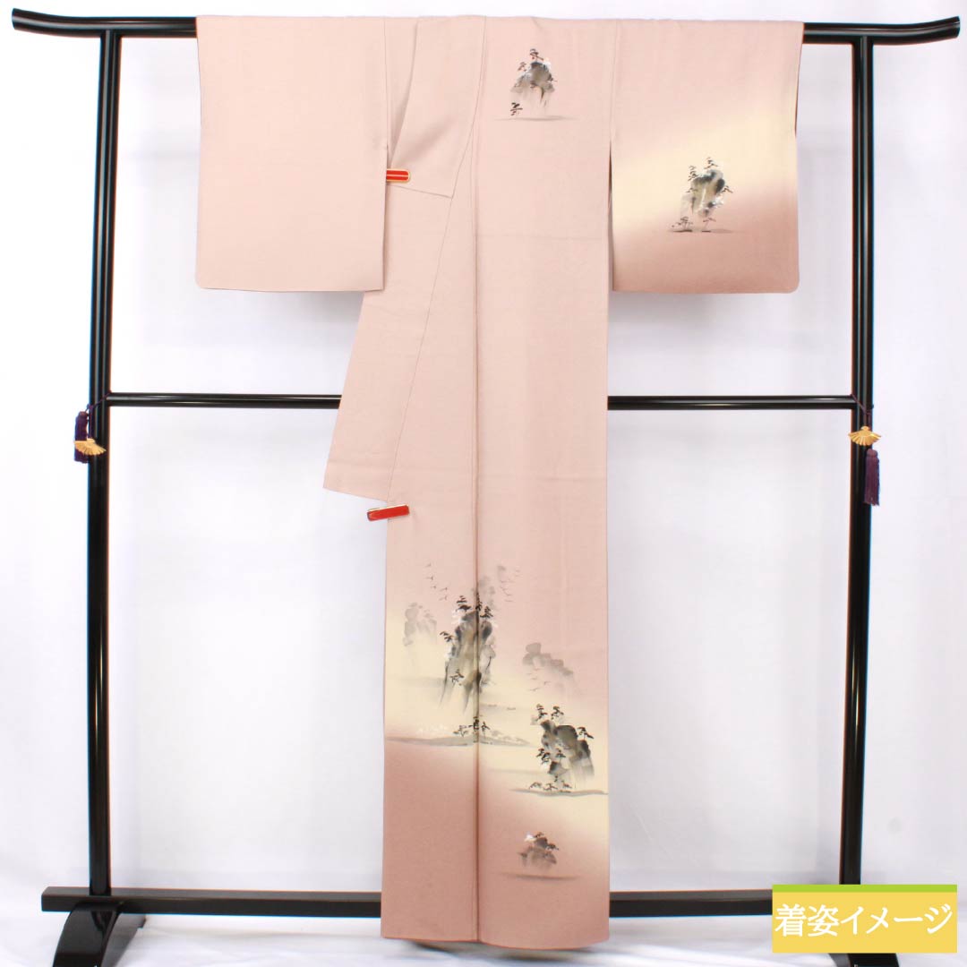 訪問着 正絹 Aランク 袷 身丈160cm 裄丈64cm 退紅色(あらそめいろ) 手描き 風景画 ピンク系 1112007153413