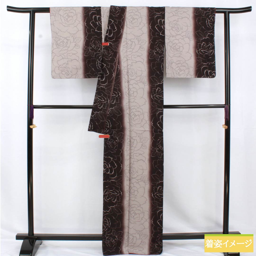小紋 ポリエステル 身丈167.5cm 裄丈67.5cm 袷 褐色(かちいろ) 小町鼠色(こまちねずいろ) 洗える着物 薔薇 しつけ糸付き Sランク グラデーション系 1115005202599