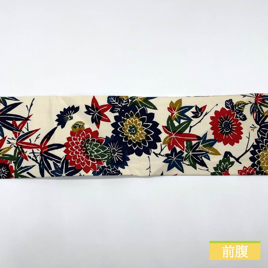 名古屋帯 生成り色(きなりいろ) 型染 菊 紅葉 帯丈352cm 木綿 Sランク 全通 カジュアル クリーム系 1124008062315 名古屋仕立て