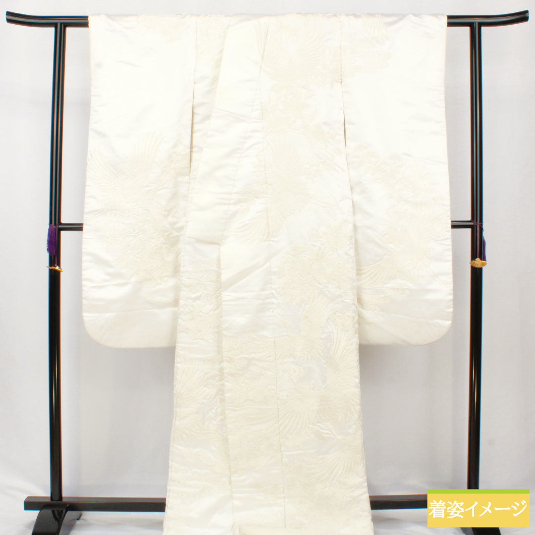 白無垢 正絹 Aランク 身丈180.5cm 裄丈64.5cm 唐織 鶴 草花模様 袷 白系 1110000983911