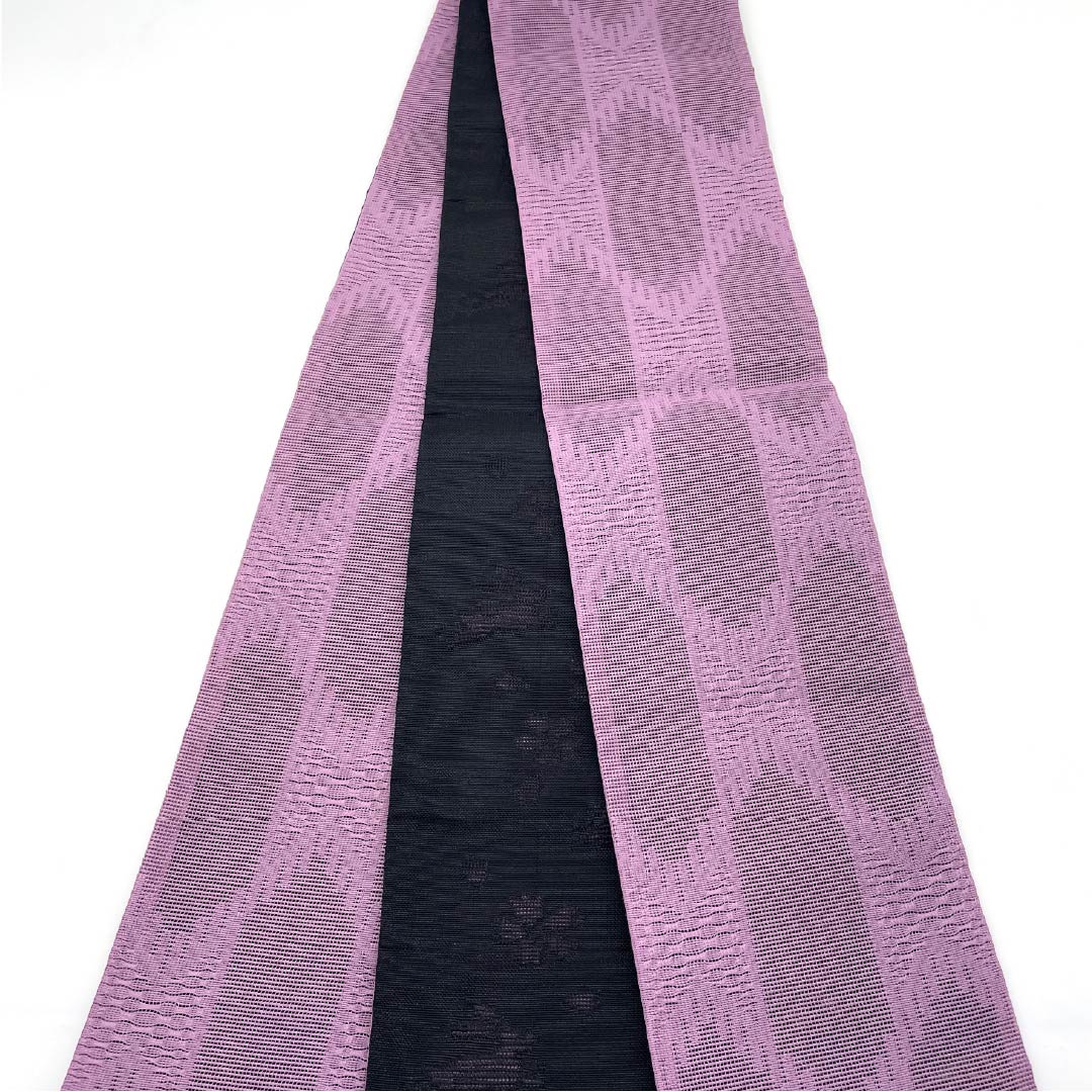 (未仕立)半幅帯 ポリエステル 帯丈386cm 南京藤色(なんきんふじいろ) 幾何学模様 桜 ウサギ リバーシブル 紫系 Sランク 1125001482320