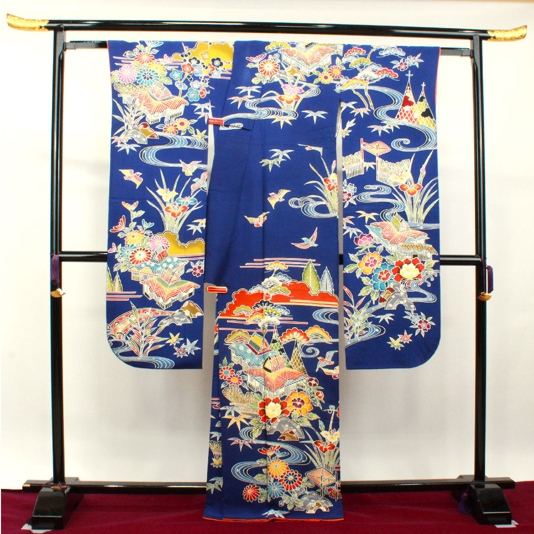 振袖 身丈167.5cm 裄丈68cm 袷 瑠璃色 京紅型 吉祥文様 正絹 Aランク 紺系 1113001773518