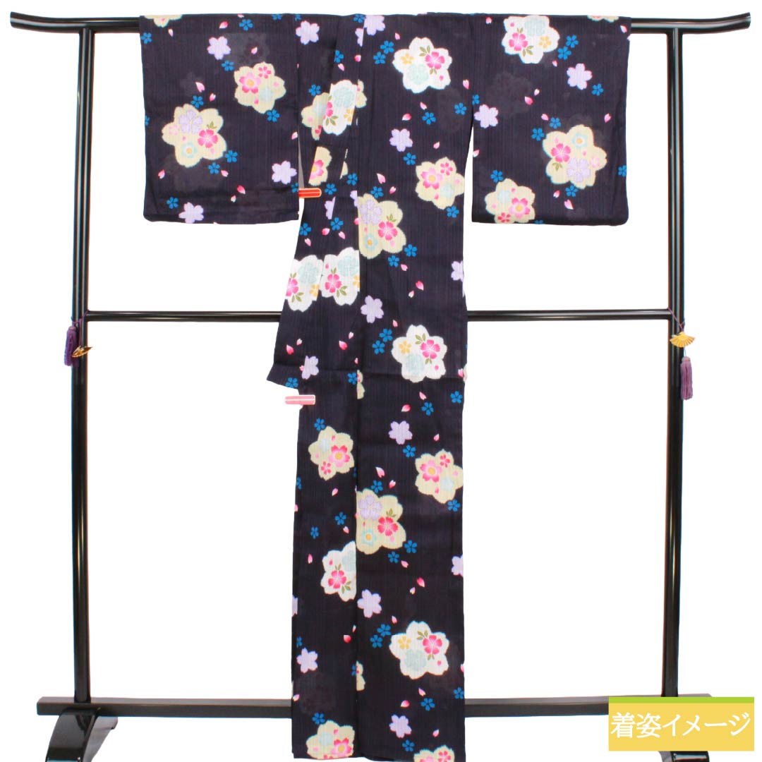 浴衣 木綿 Sランク 身丈165.5cm 裄丈67.5cm 褐色(かちいろ) 桜 型染 単衣 紫系 1118006972520