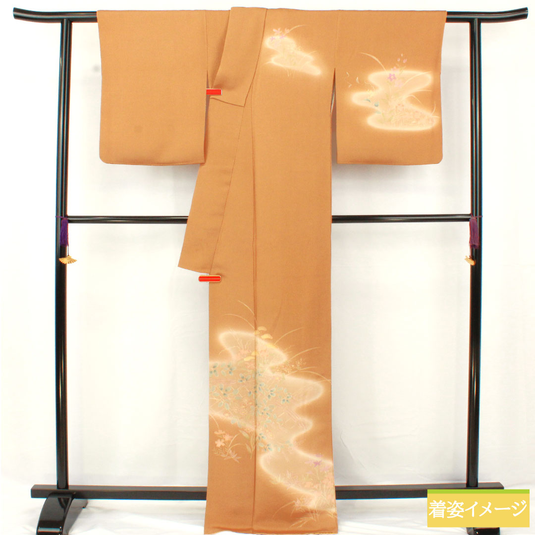 訪問着 正絹 袷 身丈168.5cm 裄丈65cm 金茶色(きんちゃいろ) ちりめん地 草花模様 Sランク 茶系 1112005902514