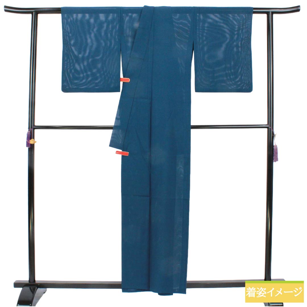夏物 ポリエステル 色無地 Aランク 身丈158cm 裄丈64.5cm 伯林青色(べれんすいろ) 洗える着物 素無地 一つ紋 絽 紺系 1132006173318