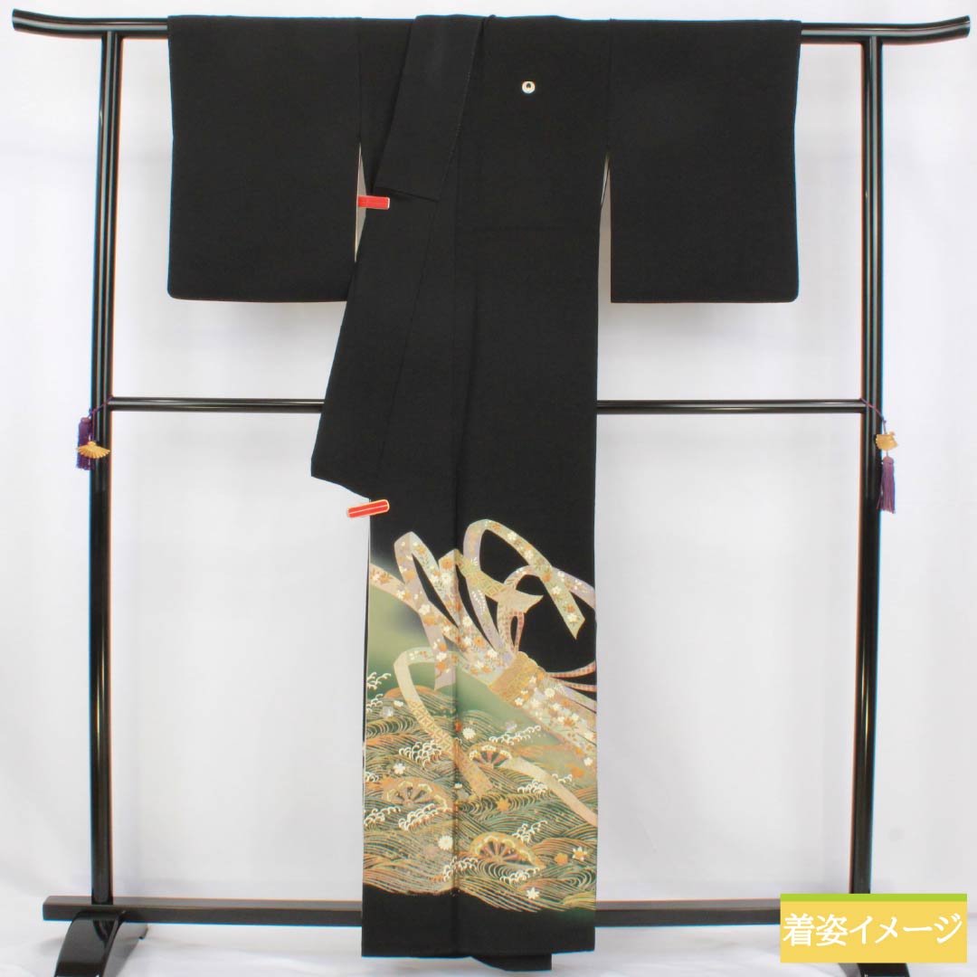 Black Tomesode (Tomesode) - Pure Silk, Grade A, Length 158.5cm, Sleeve Length 64cm, Lined, Gold-colored, Five Crests, Wisteria Design, Bundled Noshi, Five Crests, Black, Item Number 1111002043310