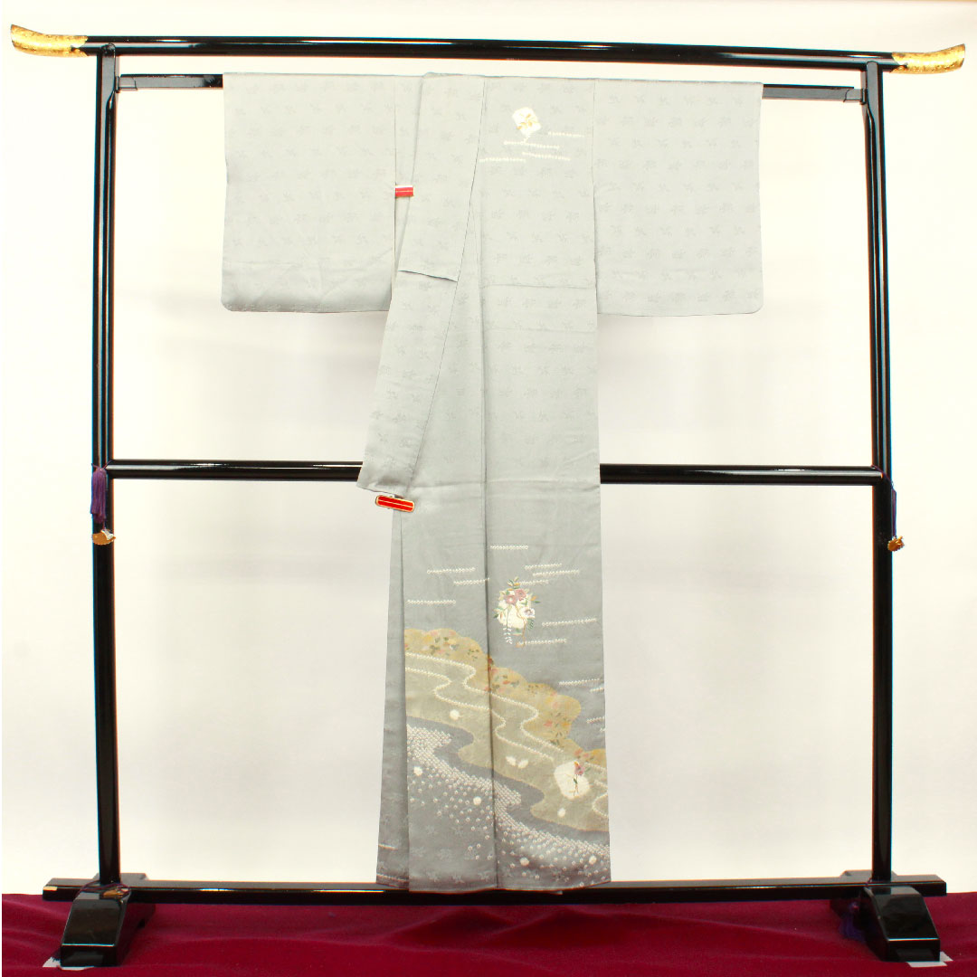 Homongi, pure silk, lined, length 152.5cm, sleeve length 62.5cm, cupronickel color, Kyo-Yuzen, tie-dye, embroidery, A rank, gray, 1112003033222