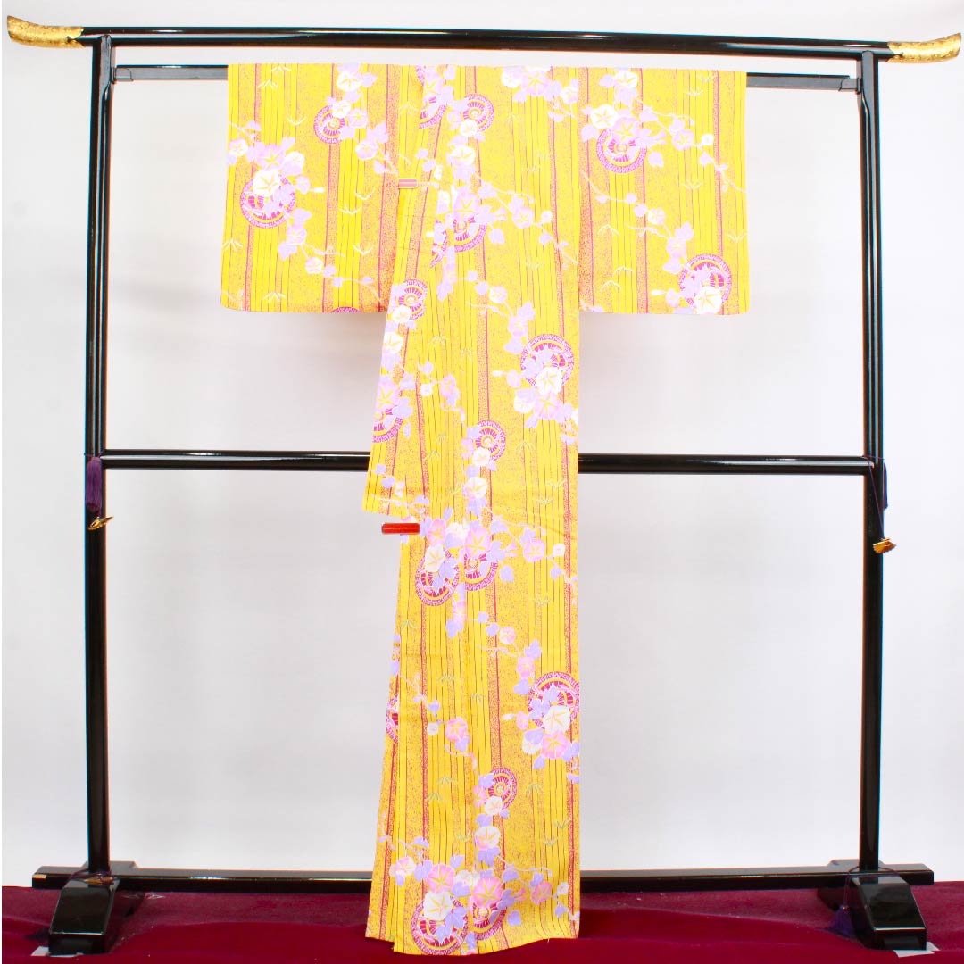 浴衣 卵色 朝顔 和傘 木綿 Sランク 単衣 身丈165cm 裄丈65cm 黄系 1118004022523