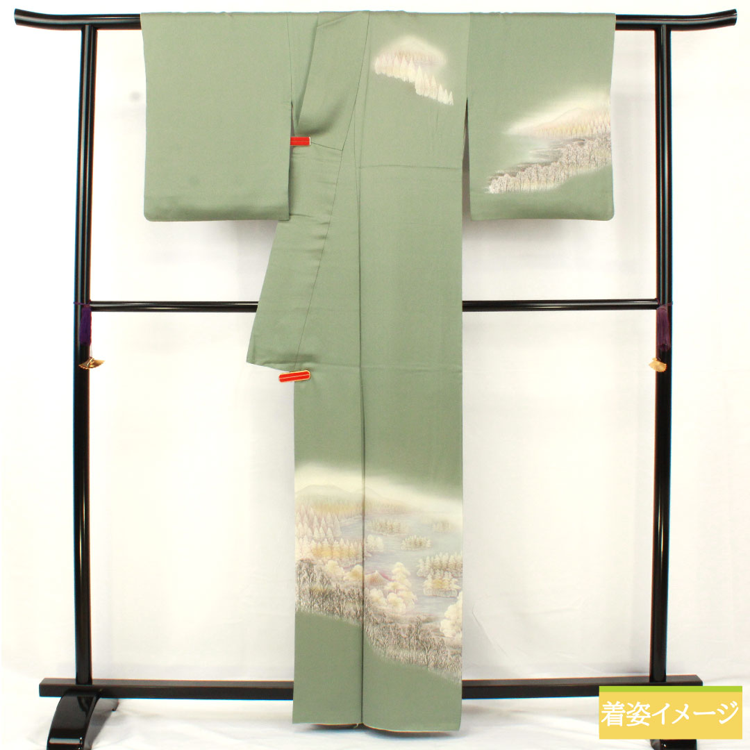 訪問着 正絹 袷 身丈162.5cm 裄丈65cm 裏葉色(うらはいろ) 風景模様 Aランク 緑系 1112005853419