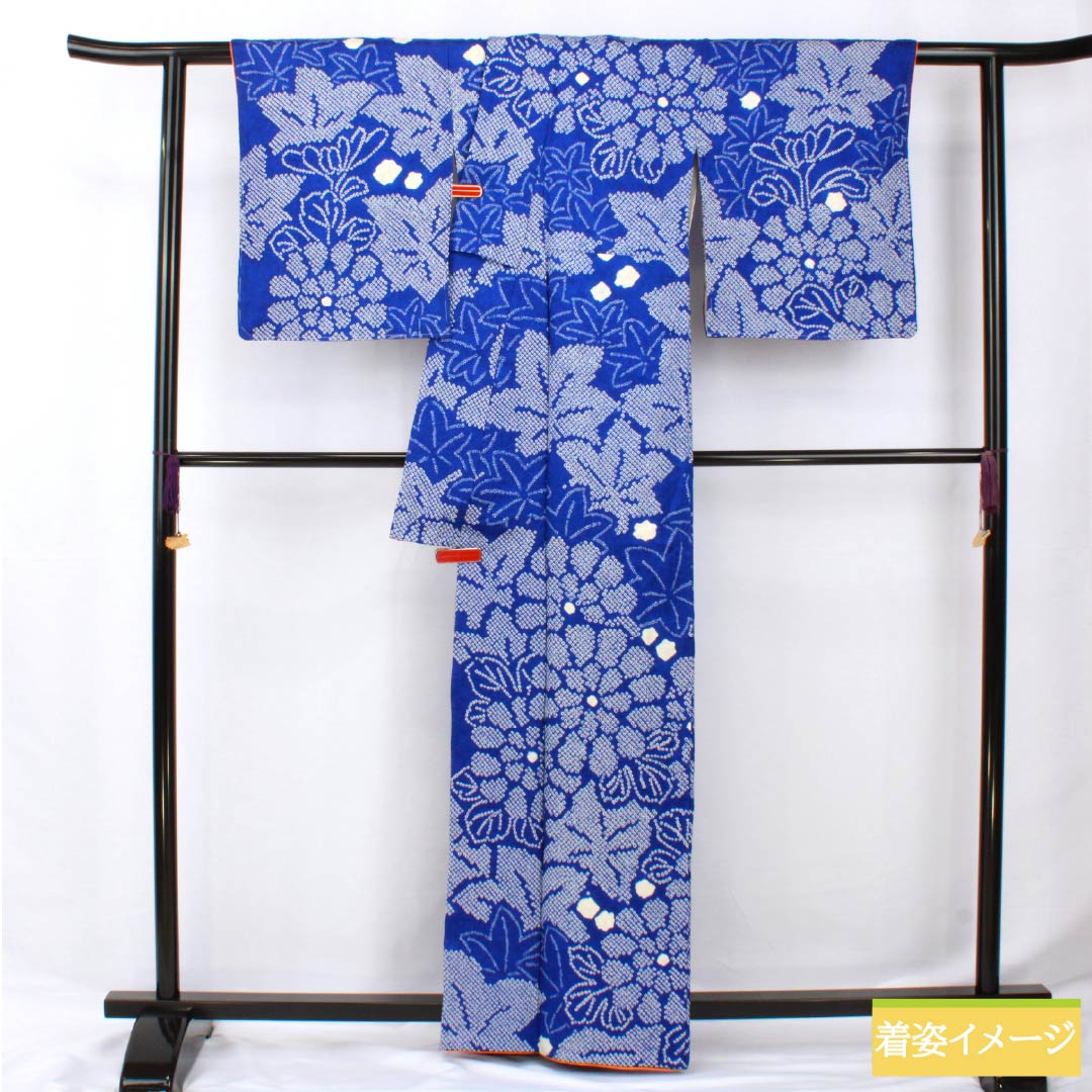 Homongi, pure silk, lined, length 163.5cm, sleeve length 66cm, lapis lazuli, tie-dye, floral pattern, A rank, blue, 1112006073417