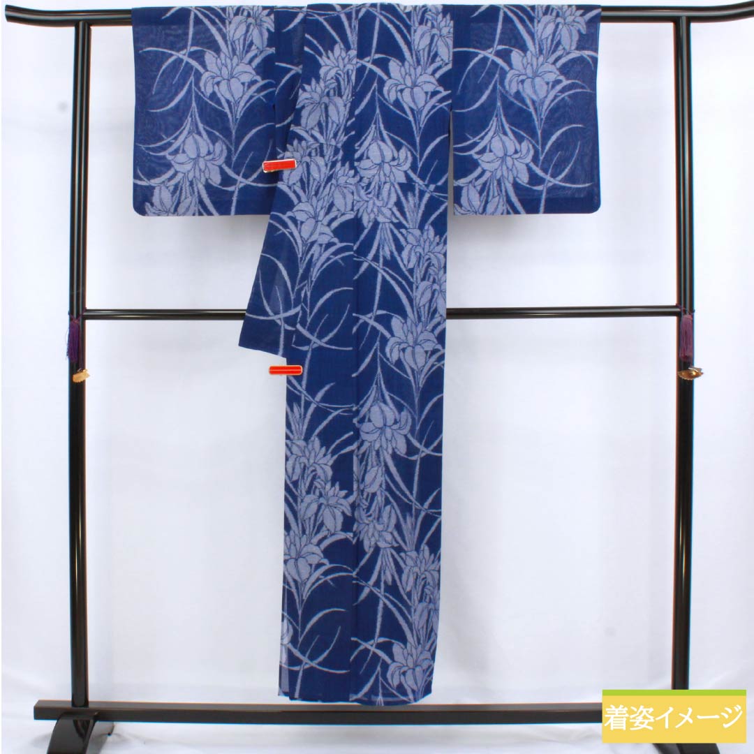 Summer pure silk tsumugi kimono, length 151cm, sleeve length 62.5cm, navy blue with iris and gauze, A-rank, blue, 1132002813217