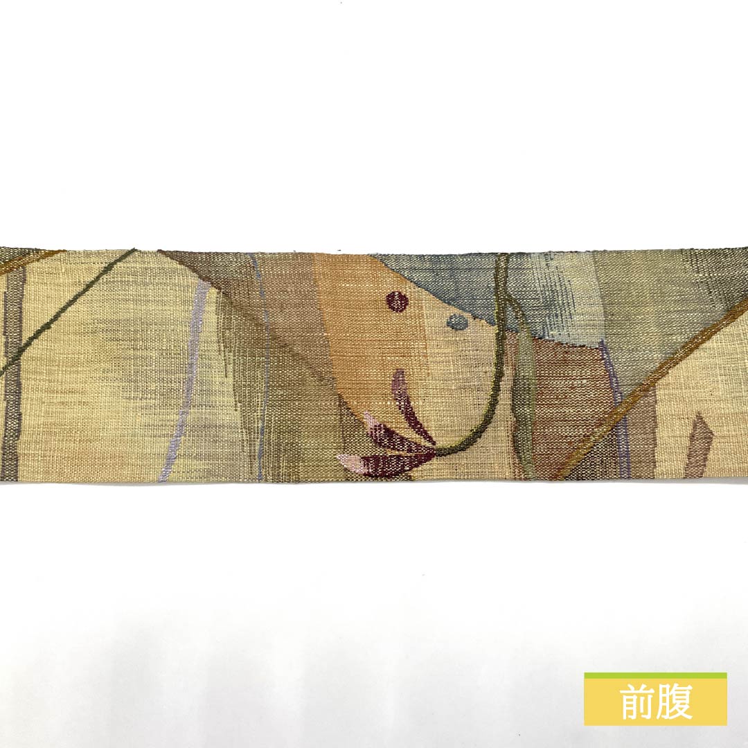 名古屋帯 鳥の子色(とりのこいろ) 紬地 抽象花模様 幾何学模様 帯丈368cm 正絹 Sランク 六通 カジュアル ベージュ系 1124008232325 名古屋仕立て
