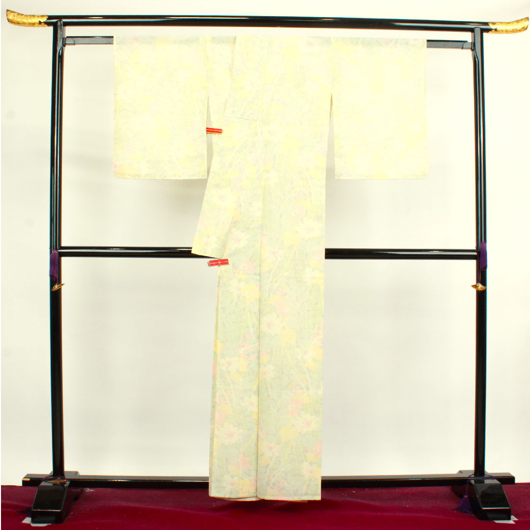 夏物 正絹 紬 身丈159cm 裄丈64cm 乳白色(にゅうはくしょく) 抽象花 しつけ糸付き 紗 Aランク クリーム系 1132000553315